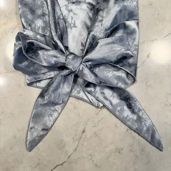 Windsor Satin Jacquard Halter Top Gray Silver Women's Large Tie Y2K Party Baddie - Picture 4 of 16